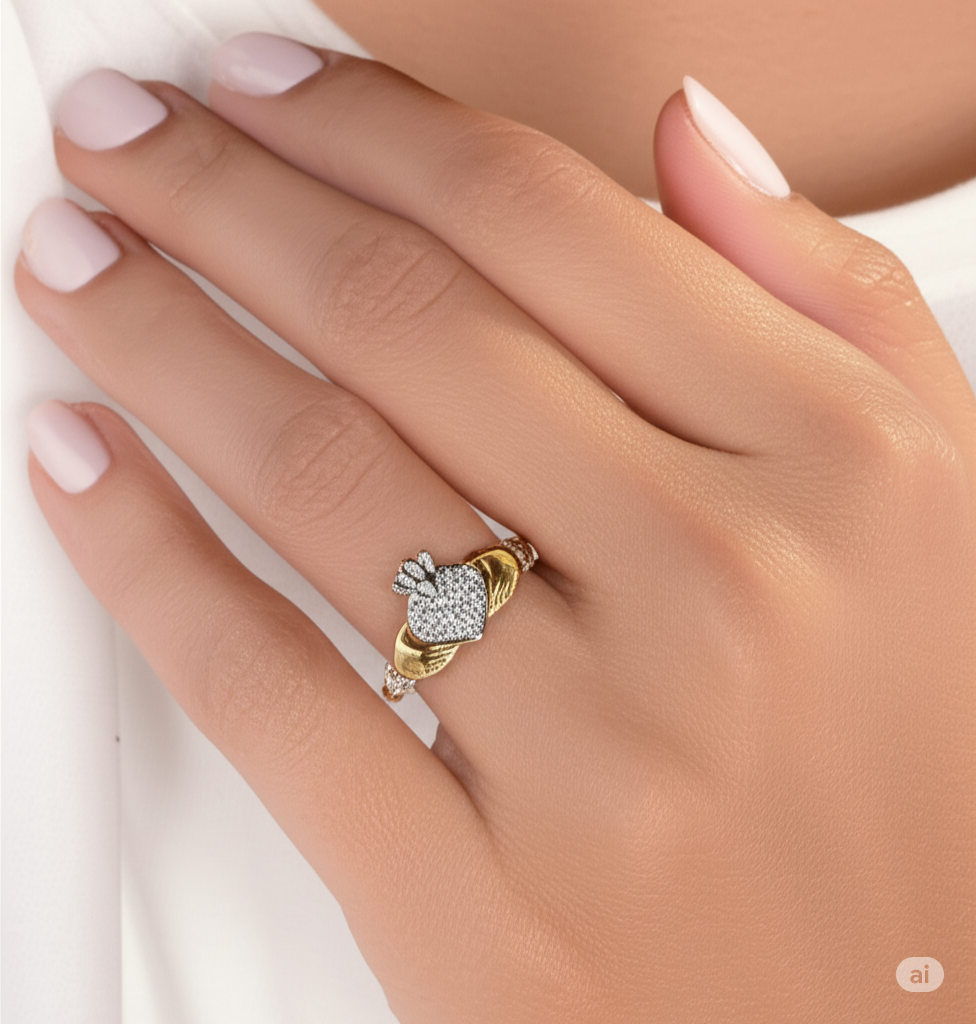 Woman wearing 10kt yellow gold claddagh ring