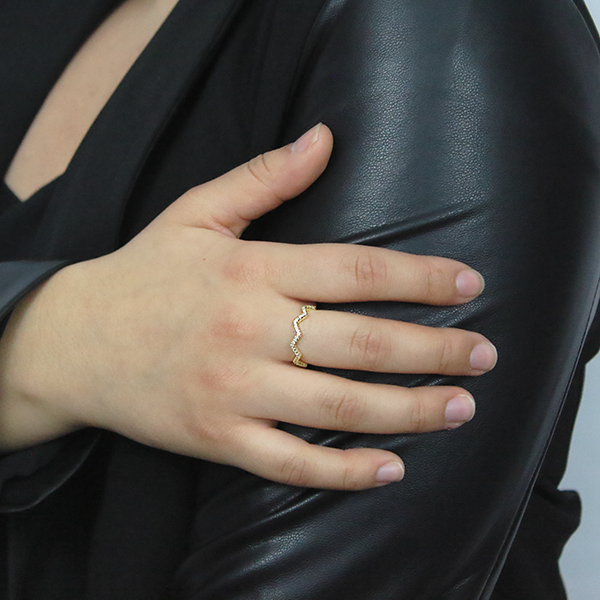 18kt Yellow Gold Plated Zig Zag Stackable Ring with Cubic Zirconia Worn by Woman 2