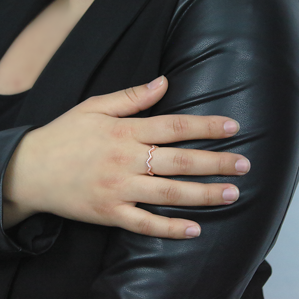 18kt Rose Gold Plated Zig Zag Stackable Ring with Cubic Zirconia Worn by Woman 2