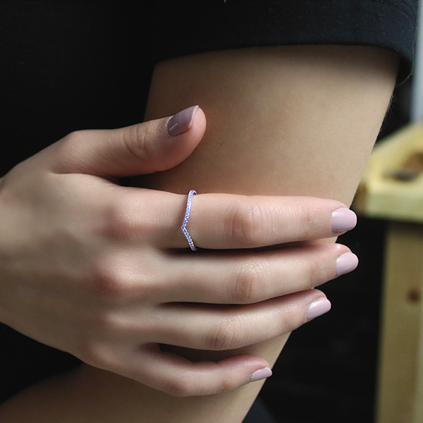 Sterling Silver Wedge Style Stackable Ring with Cubic Zirconia Worn by Woman