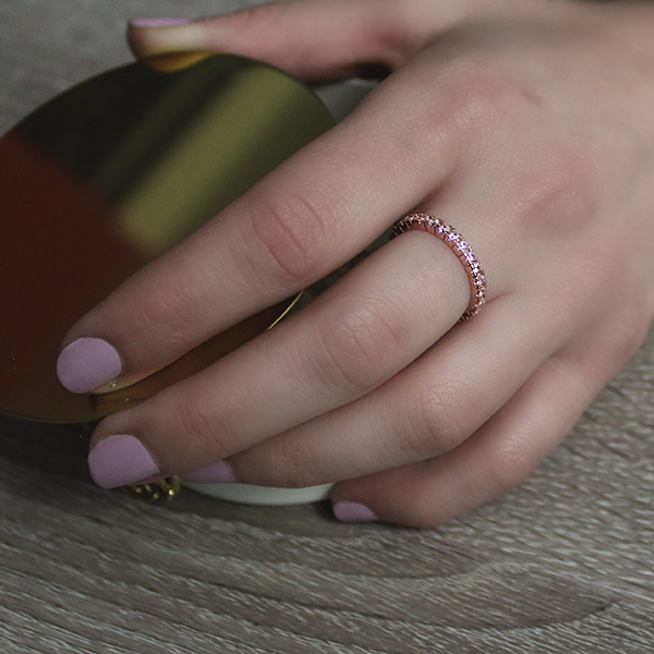 18kt Rose Gold Plated Cubic Zirconia Set Stacking Ring Worn by Woman