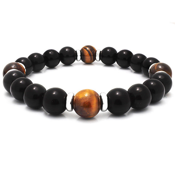 8mm Black Onyx Tiger Eye and Sterling Silver Spacer Beaded Bracelet