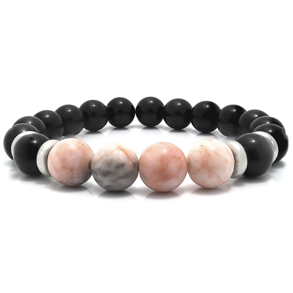 Pink Jasper Black Obsidian Beaded Bracelet with Sterling Silver Spacer Beads
