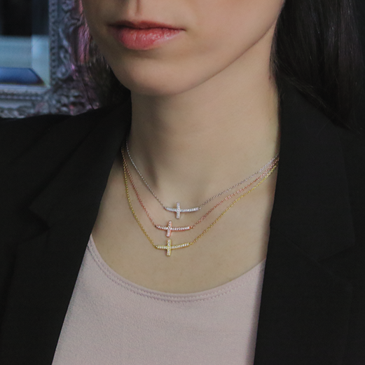 Sterling Silver Cubic Zirconia Horizontal Cross Necklace on Woman's Neck in Rose, Yellow and Silver 3