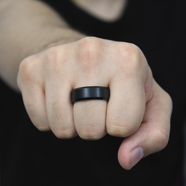 Satin and Black Enamel Finished Tungsten Carbide Ring worn by a man 1