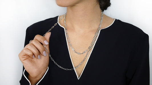 Woman Wearing 2 Paper Clip Chains at 2 Lengths