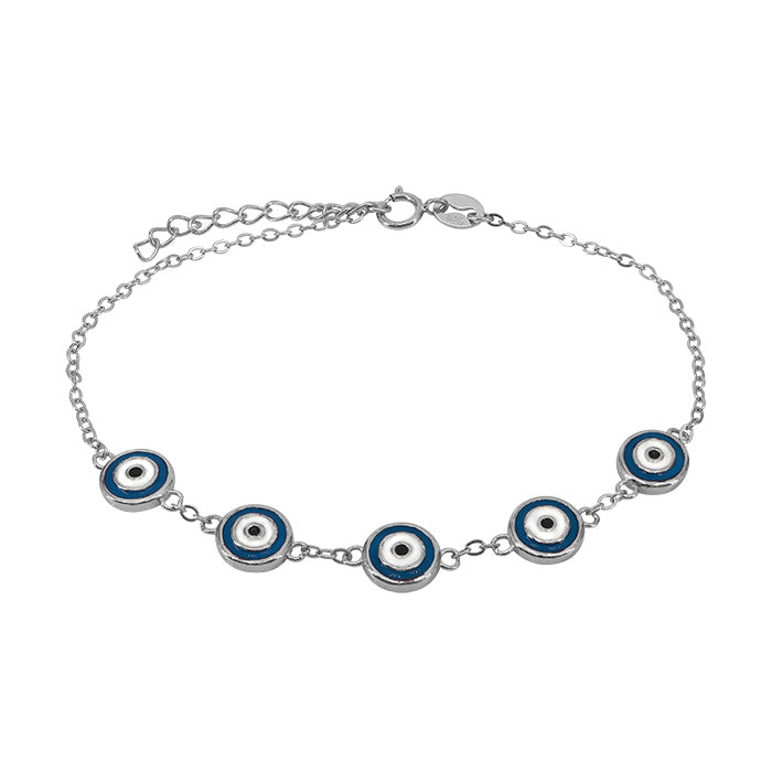 A sterling silver Navy Blue evil eye bracelet.
