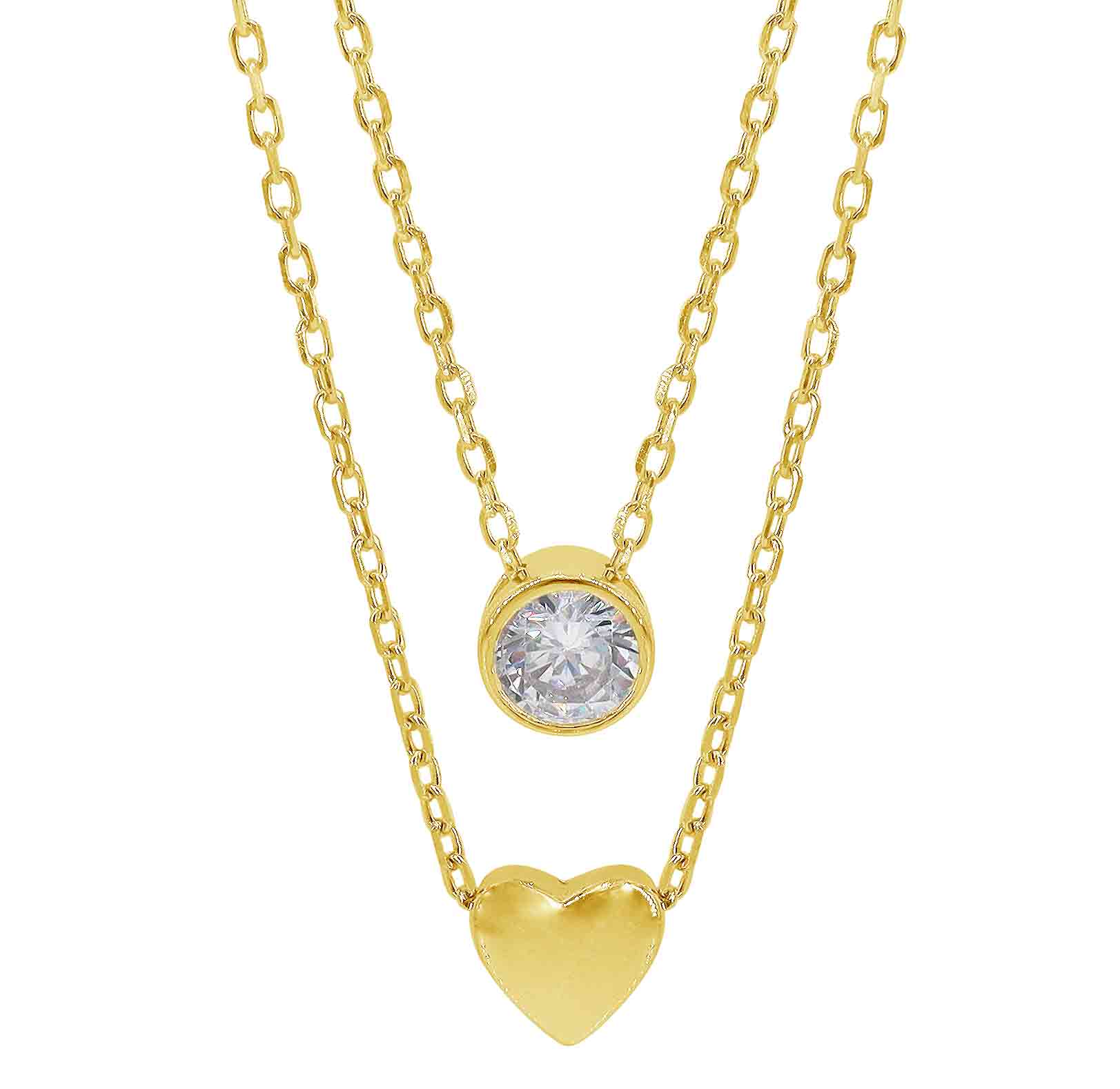 Sterling silver plated yellow gold Layered Heart and cubic necklace.