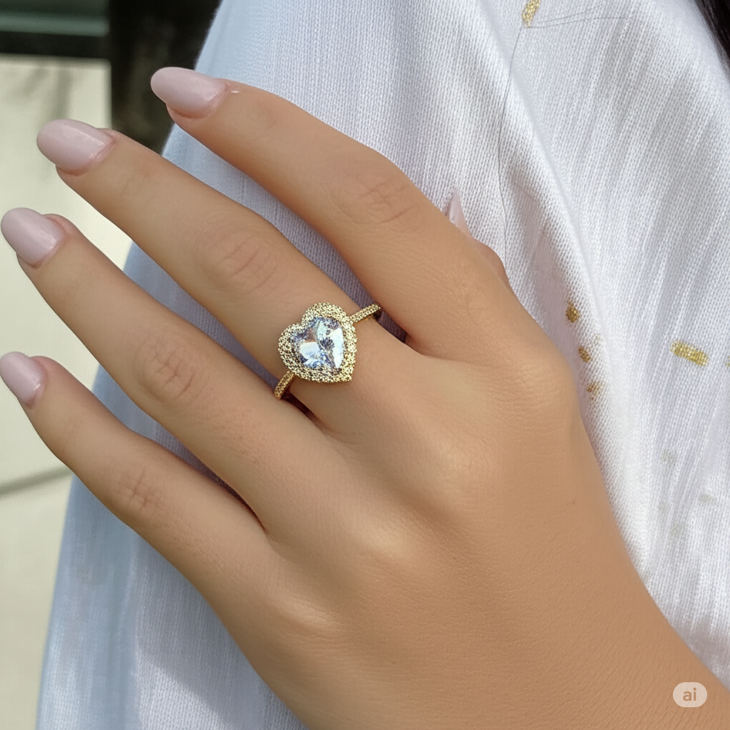 Woman wearing 10kt yellow gold cubic Zirconia heart ring