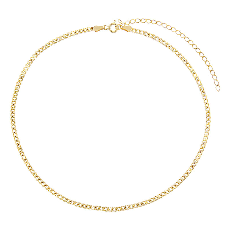 Sterling Silver Curb Style Choker Chain with Extension Plated in 18KT Yellow Gold
