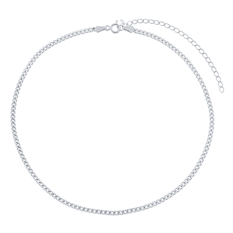 Sterling Silver Curb Style Choker Chain with Extension Plated in White Rhodium