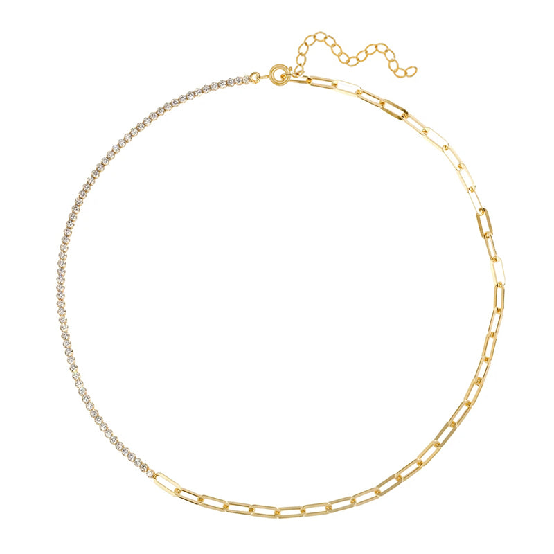 18kt Gold Plated Sterling Silver Hybrid Choker half Paper Clip Style and Half Tennis Style with Cubic Zirconia 1