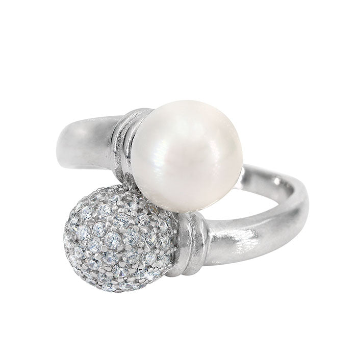 Sterling Silver Ring Set with Cubic Zirconia and 1 Freshwater Pearl