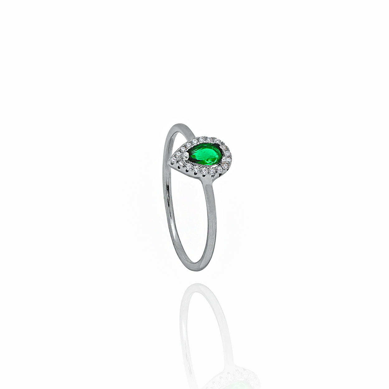 Sterling Silver Rhodium Plated Pear Shaped Emerald Ring with Cubic Zirconia 1