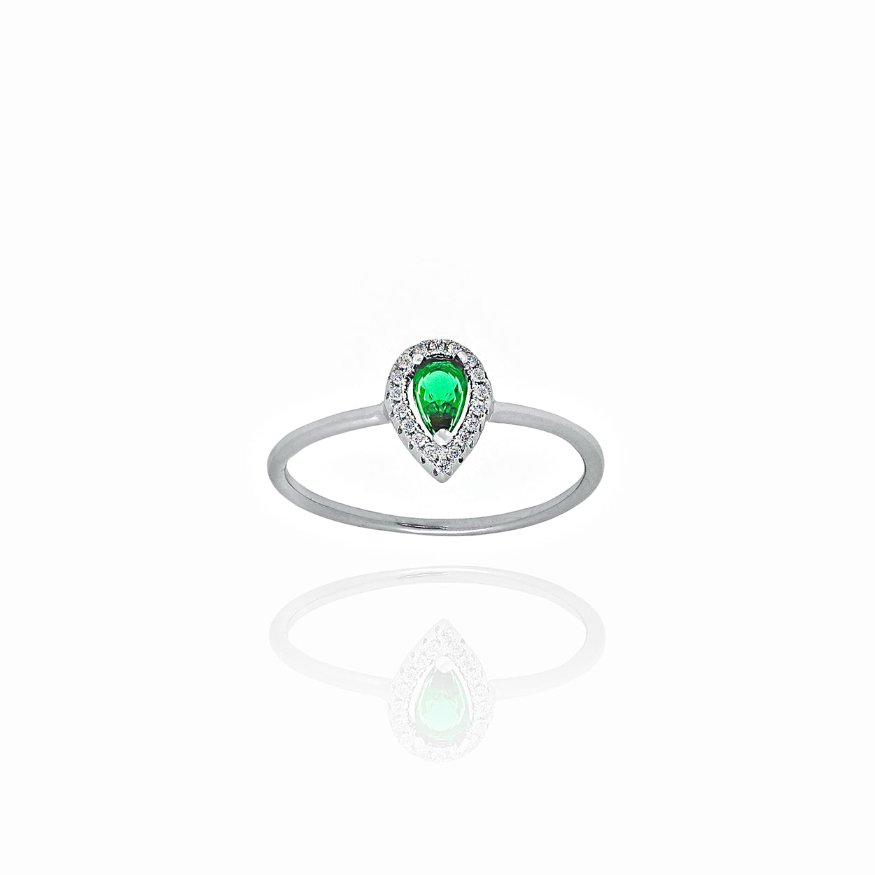 Sterling Silver Rhodium Plated Pear Shaped Emerald Ring with Cubic Zirconia 2