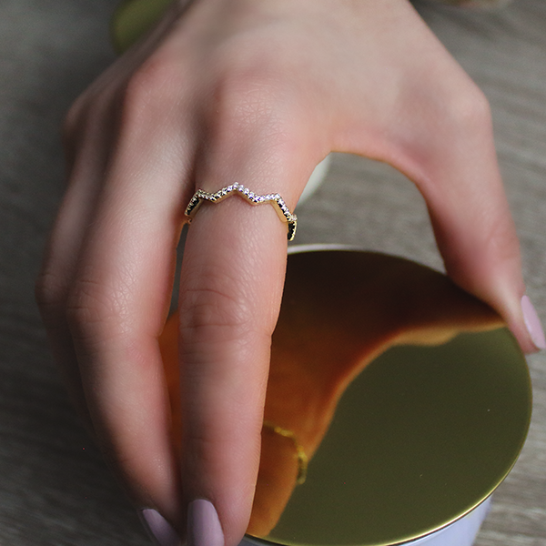 18kt Yellow Gold Plated Zig Zag Stackable Ring with Cubic Zirconia Worn by Woman 1