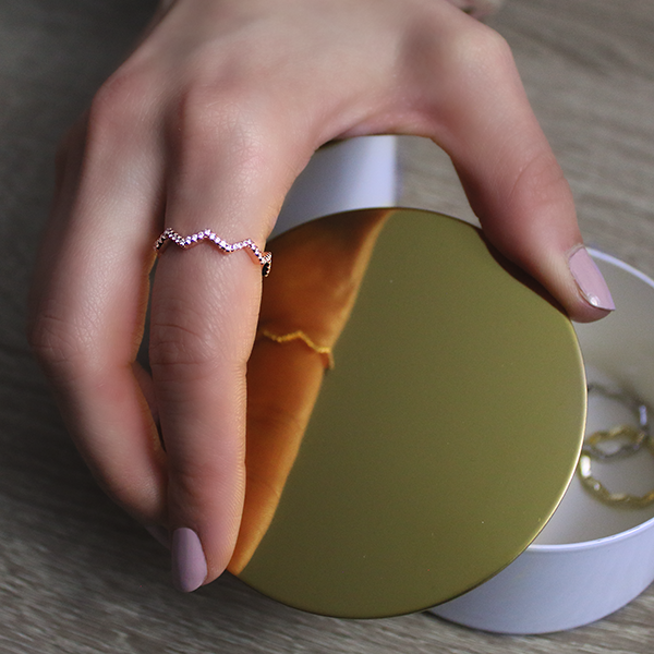 18kt Rose Gold Plated Zig Zag Stackable Ring with Cubic Zirconia Worn by Woman 1