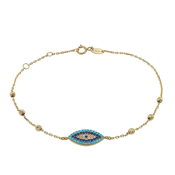10KT Solid Gold Evil Eye Bracelet with Turquoise Sapphire and Cubic Zirconia Gemstones