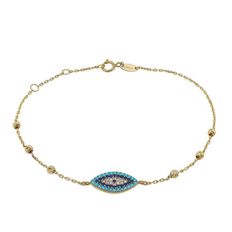 10KT Solid Gold Evil Eye Bracelet with Turquoise Sapphire and Cubic Zirconia Gemstones