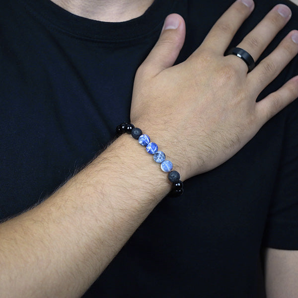 Black Onyx, Black Lava and Blue Sodalite Beaded Bracelet Worn by Man with Black Tungsten Carbide Ring