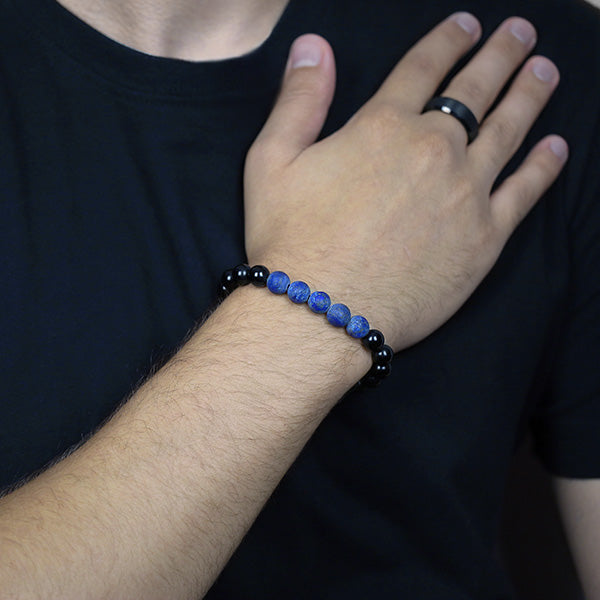 Black Onyx and Frosted Blue Agate Beaded Bracelet Worn by Man with Black Tungsten Carbide Ring