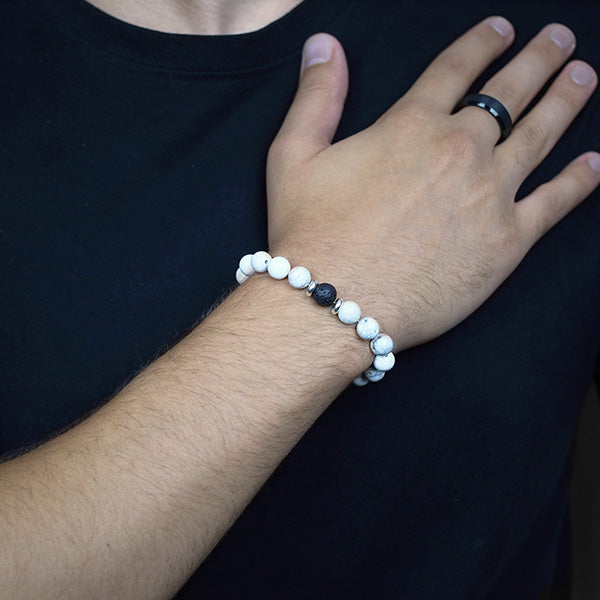 White Howlite Black Lava Beads with Sterling Silver Spacer Beads Worn by Man with Tungsten Carbide Ring