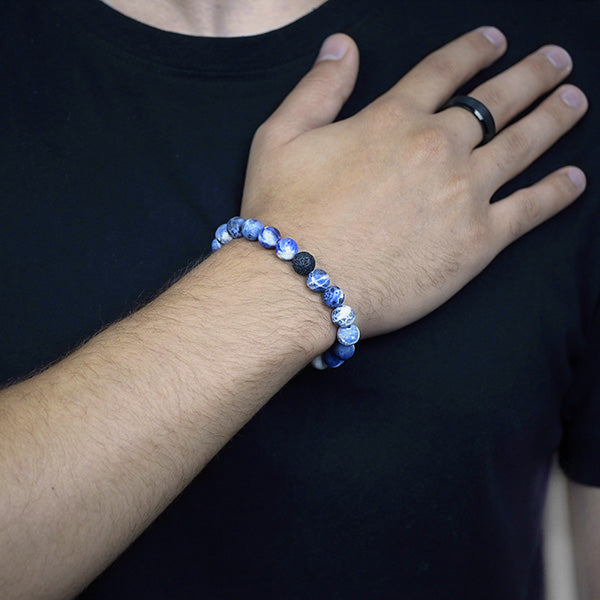 Frosted Sodalite and Black Lava Beaded Bracelet Worn by Man with Tungsten Carbide Ring