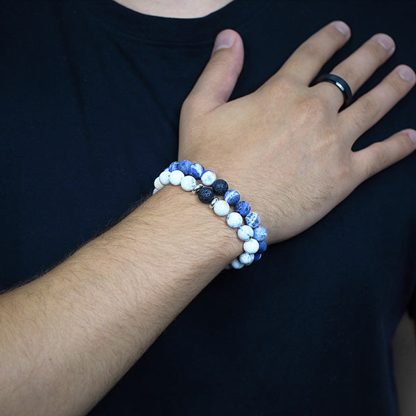 Frosted Sodalite with Black Lava and White Howlite with Silver and Lava Beads Beaded Bracelet Worn by Man with Tungsten Carbide Ring