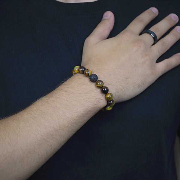 Tiger Eye Black Lava Beaded Bracelet Worn by Man with Tungsten Carbide Ring