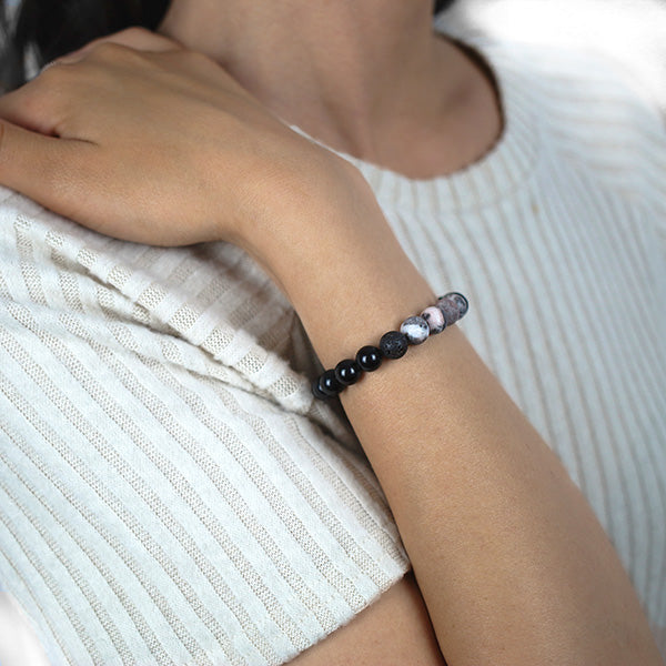 Black Obsidian Pink Jasper Beaded Bracelet Worn by Woman