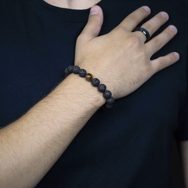 Black Lava Tiger Eye Beaded Bracelet Worn by Man with Black Tungsten Carbide Ring
