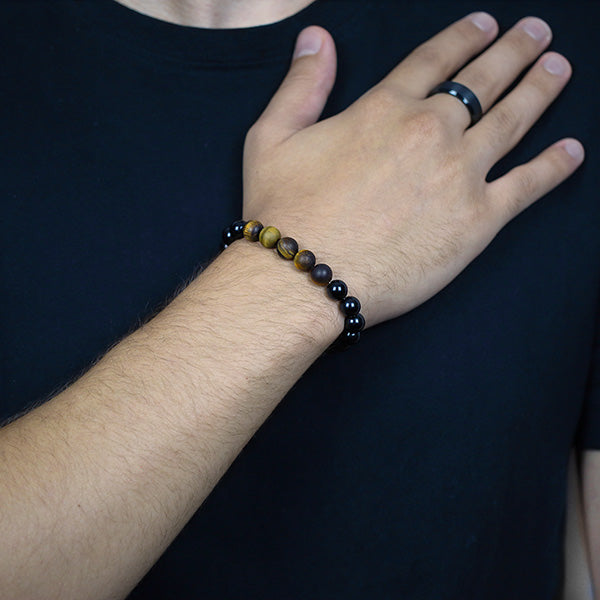 Black Obsidian and Tiger Eye Beaded Bracelet Worn by Man with Black Tungsten Carbide Ring