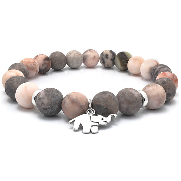 Frosted Pink Jasper Beaded Bracelet with Sterling Silver Elephant Charm