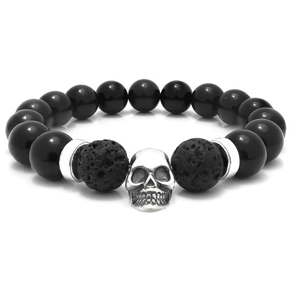 10mm Black Onyx Beaded Bracelet with Sterling Silver Spacer Beads and Skull