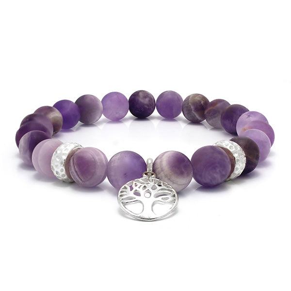 Frosted Amethyst Beaded Bracelet with Sterling Silver Spacer Beads and Tree of Life Charm