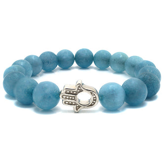 Aquamarine Beaded Bracelet with Sterling Silver Hamsa Charm