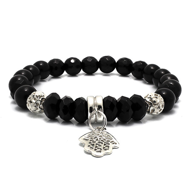 Multi-faceted Black Obsidian Sterling Silver Beads and Hamsa Charm