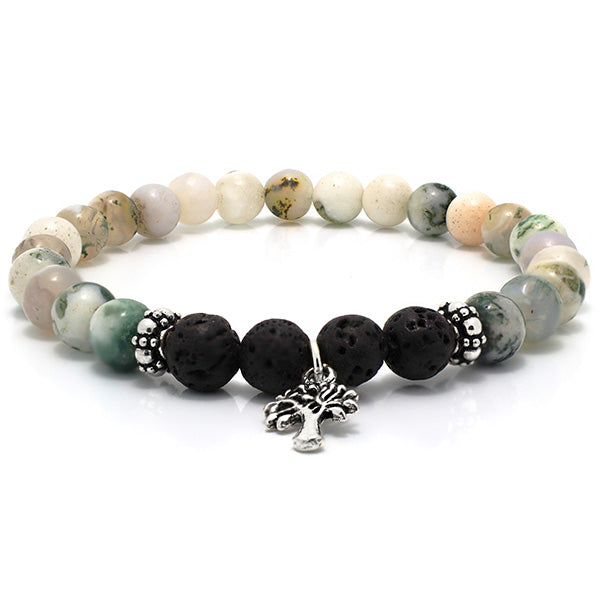 Green Tourmaline and Black Lave Beaded Bracelet with Sterling Silver Spacer Beads and Charm