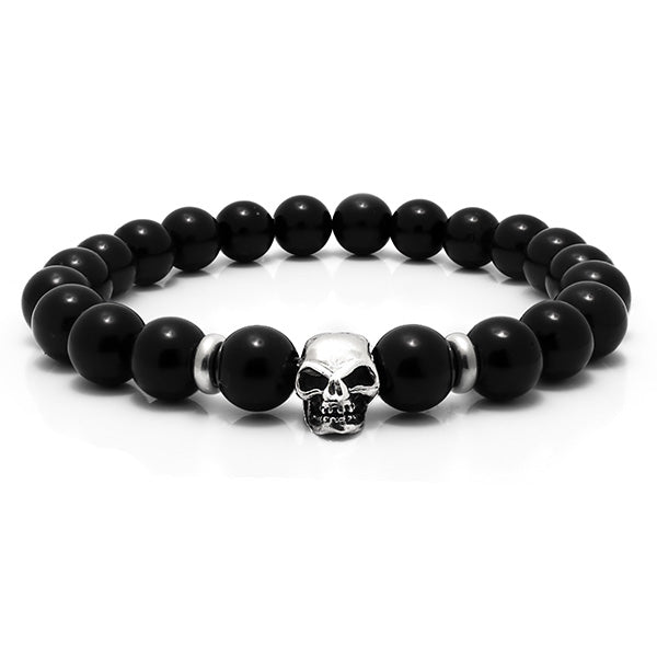8mm Black Onyx Beaded Bracelet with Sterling Silver Spacer Beads and Skull