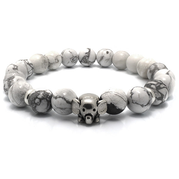 White Howlite Beaded Bracelet with Sterling Silver Elephant Charm