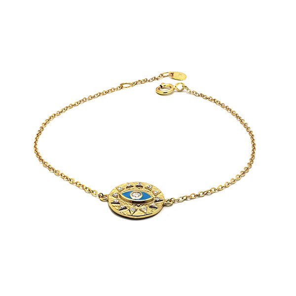 Sterling Silver 18kt Yellow Gold Plated Evil Eye Medallion Bracelet with Cubic Zirconia