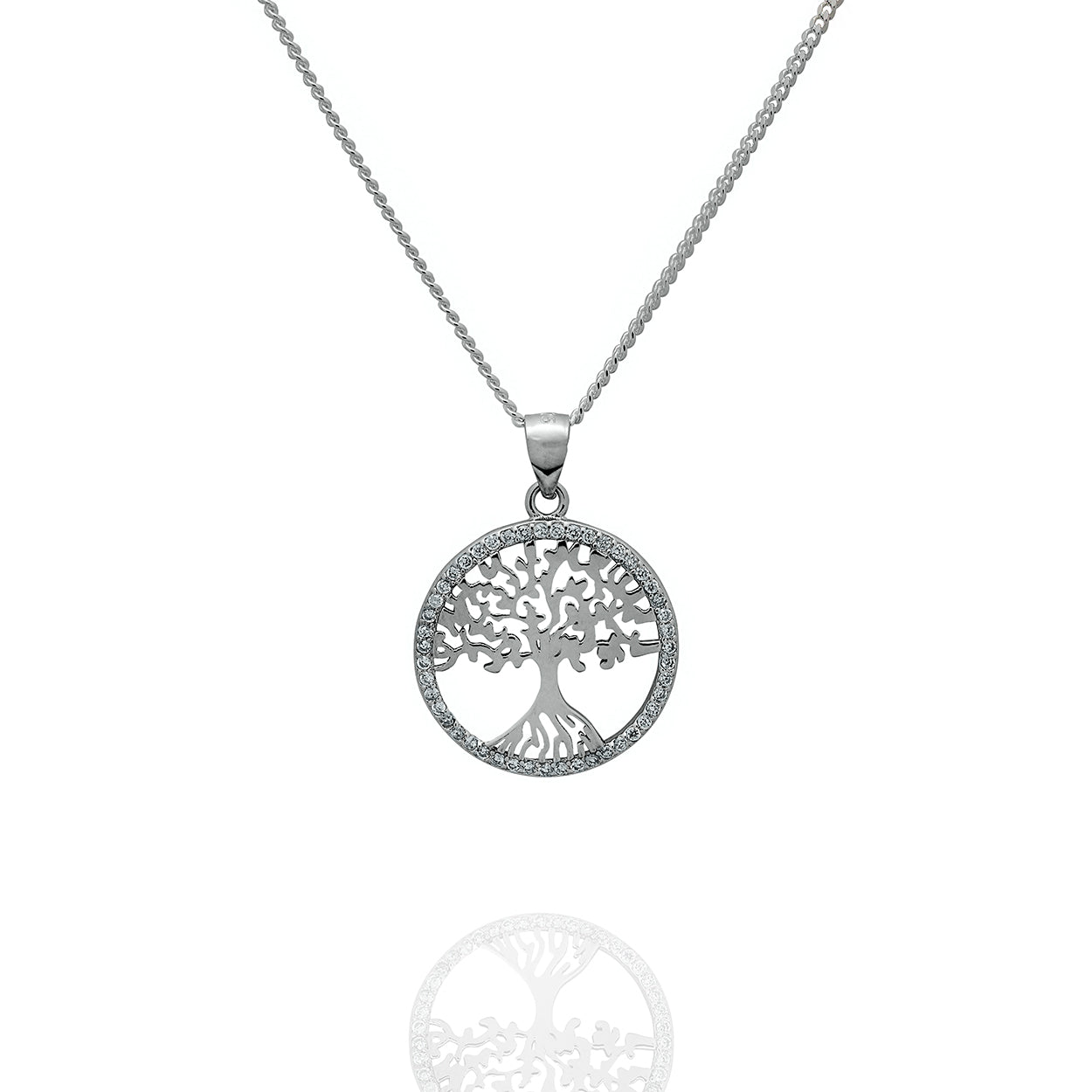 Sterling Silver Tree of Life Pendant set with Cubic Zirconia around the tree