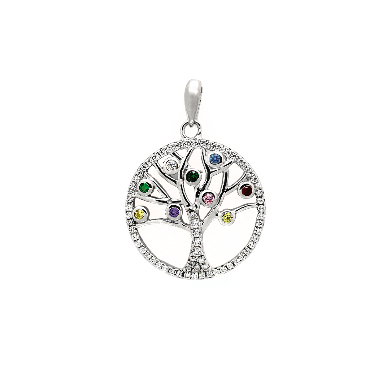 Sterling Silver Tree of Life Pendant set with Cubic Zirconia and Coloured Gemstones