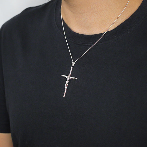 Sterling Silver Crucifix Pendant with Bail Worn by Man with Box Chain