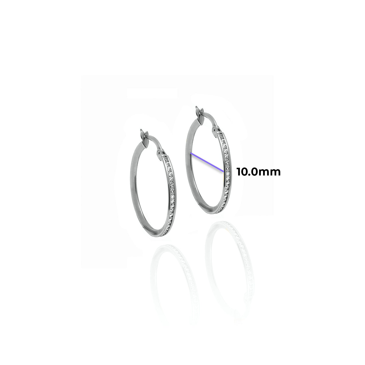 Small Crystal Hoops 2mm Width Solid Gold with Cubic Zirconia White with Measurement 10mm
