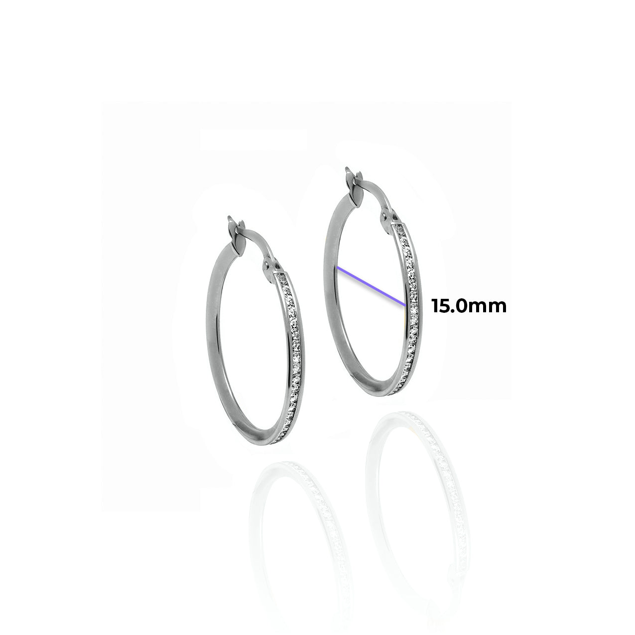 Medium Crystal Hoops 2mm Width Solid Gold with Cubic Zirconia White with Measurement 15mm