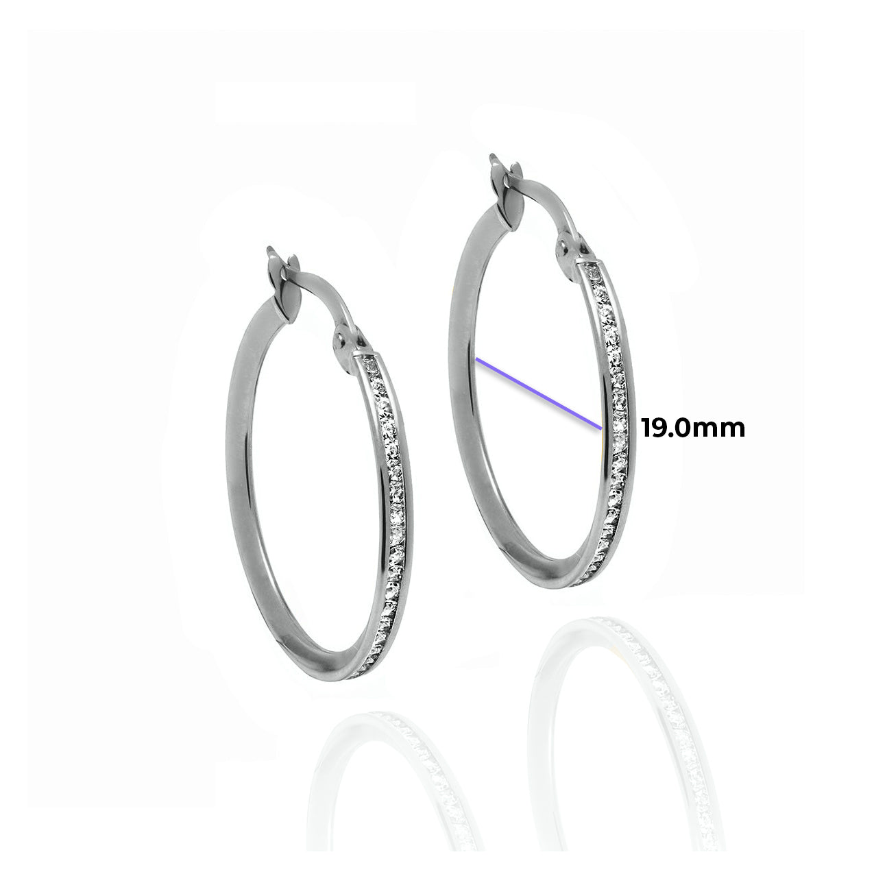 Large Crystal Hoops 2mm Width Solid Gold with Cubic Zirconia White with Measurement 19mm