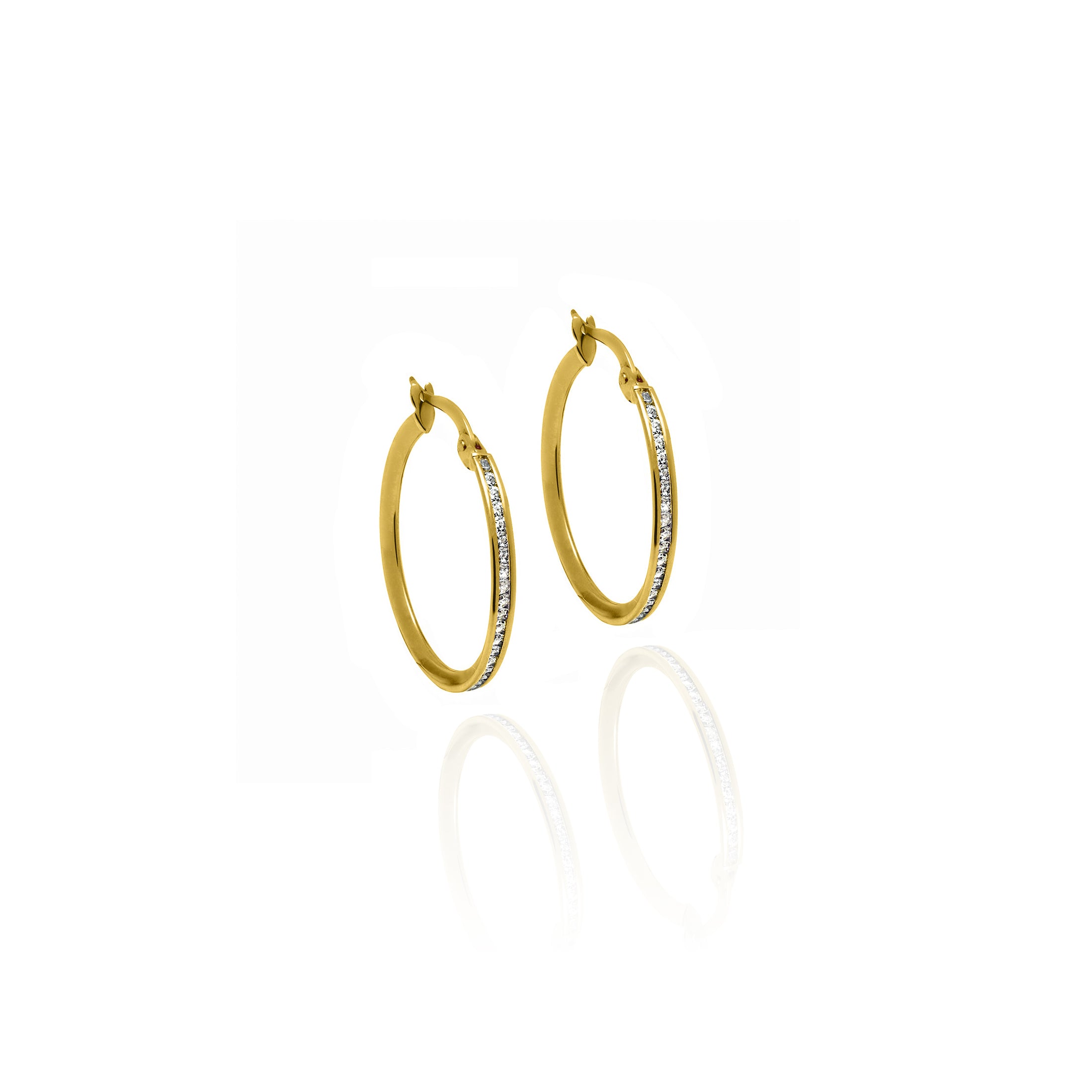 Small Crystal Hoops 2mm Width Solid Gold with Cubic Zirconia Yellow