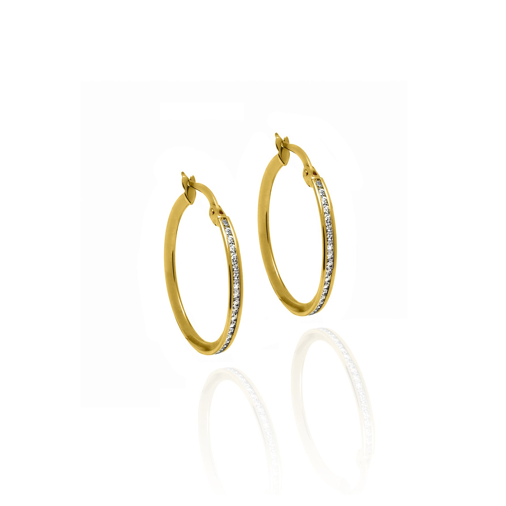 Medium Crystal Hoops 2mm Width Solid Gold with Cubic Zirconia Yellow