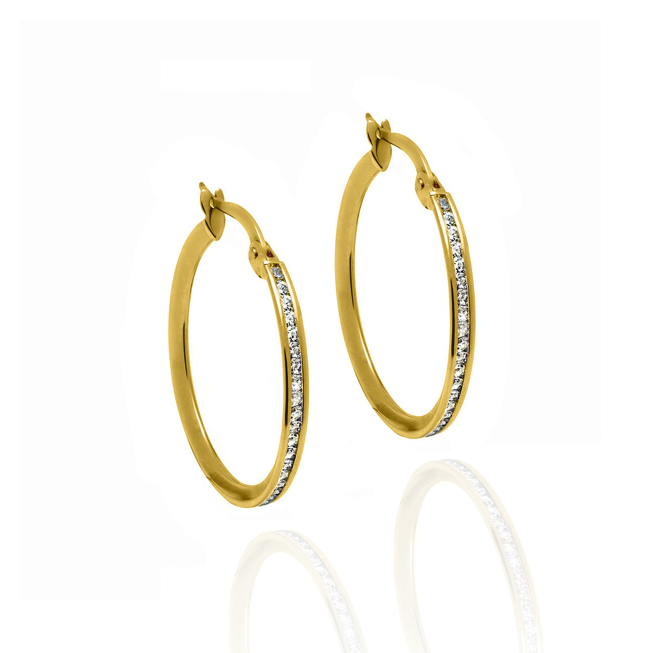 Large Crystal Hoops 2mm Width Solid Gold with Cubic Zirconia Yellow